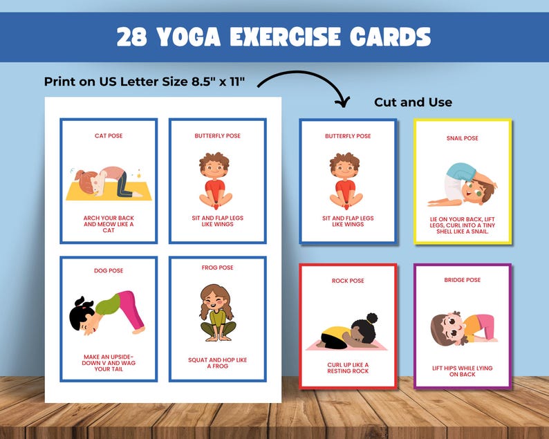 May include: A set of 28 yoga exercise cards printed on US Letter size 8.5" x 11" paper. Each card features a different yoga pose with a corresponding illustration and instructions. The cards are designed to be cut out and used for yoga practice.