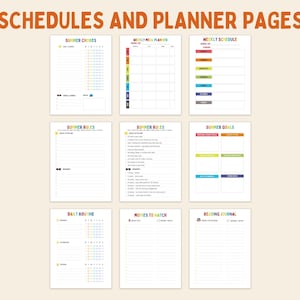 May include: Printable summer planner pages with colourful borders. The pages include sections for summer chores, meal planning, weekly schedules, summer rules, summer goals, daily routines, movies to watch, and a reading journal.