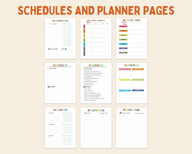 May include: Printable summer planner pages with colourful borders. The pages include sections for summer chores, meal planning, weekly schedules, summer rules, summer goals, daily routines, movies to watch, and a reading journal.