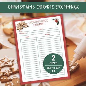 Peut inclure: Feuille imprimable rouge pour un échange de biscuits de Noël avec le texte "CHRISTMAS COOKIE EXCHANGE". La feuille comprend des espaces pour les noms et les types de biscuits, avec un cercle vert indiquant deux options de taille : 21,6 cm x 27,9 cm et A4.