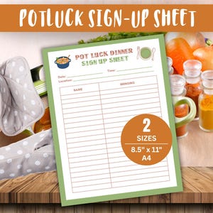 May include: A printed potluck sign-up sheet with the text "Potluck Sign-Up Sheet" at the top. The sheet is white with a green border and includes spaces for names and dishes. The image also shows a gray oven mitt with white polka dots, spices, and vegetables.
