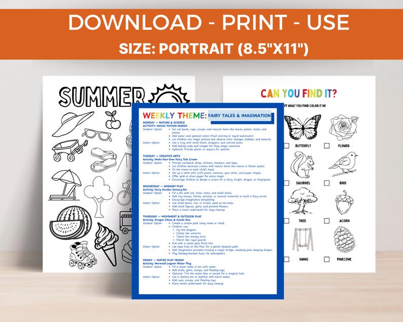 May include: A printable activity set with a summer theme, featuring coloring pages and a "Can You Find It?" game. The set includes a weekly theme of "Fairy Tales & Imagination" with activity ideas. The size is 8.5"x11".