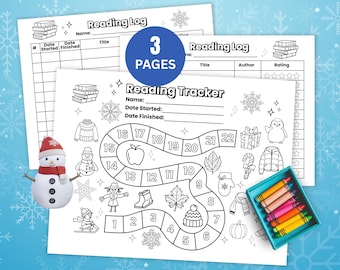Può includere: Stampabili di registro di lettura e tracker di lettura di tre pagine. Le pagine includono spazi per titolo, autore e valutazione. Un cerchio blu indica "3 PAGES". Un pupazzo di neve e una scatola di pastelli sono anche nell'immagine.