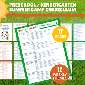 May include: A colorful summer camp curriculum guide with the text "Preschool / Kindergarten Summer Camp Curriculum." The guide features 12 weekly themes and 17 pages, with a sun illustration in the upper left corner. The background is green grass.