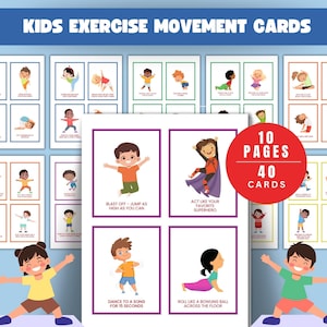 Puede incluir: Un conjunto de tarjetas de movimiento de ejercicios para niños. Las tarjetas presentan ilustraciones de niños realizando varios ejercicios. El texto de las tarjetas incluye "Blast Off - Jump as High as You Can" y "Act Like Your Favorite Superhero". El conjunto incluye 10 páginas y 40 tarjetas.