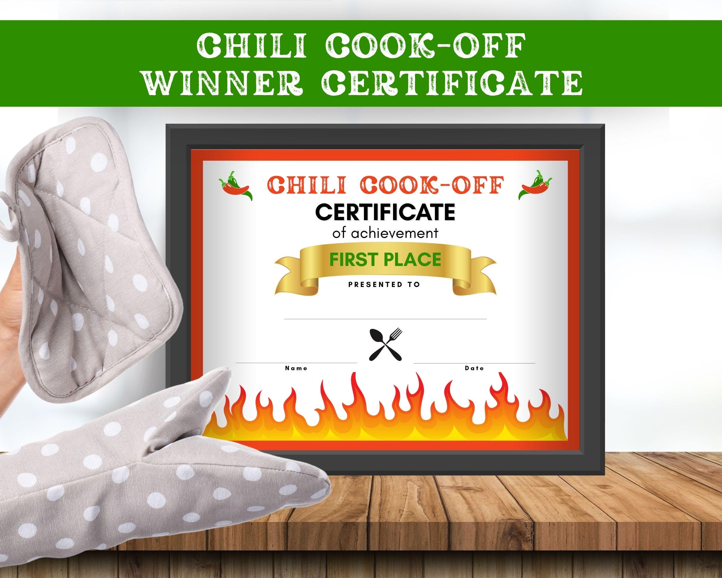 chili cook off winner certificate, chili cookoff award, chili cook
