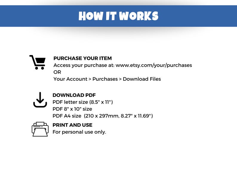 Puede incluir: Un gr&aacute;fico blanco con el texto "HOW IT WORKS" en azul. El gr&aacute;fico incluye instrucciones sobre c&oacute;mo comprar, descargar e imprimir un archivo PDF. Los tama&ntilde;os de PDF son 8.5" x 11", 8" x 10" y tama&ntilde;o A4 (210 x 297 mm).