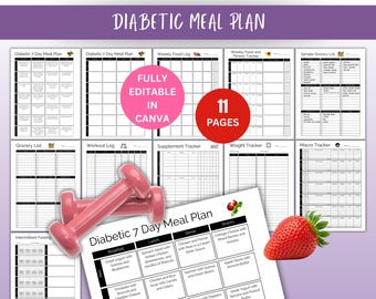 Diabetic Meal Plan, Editable 7 Day Diabetic Meal Plan, Weekly Meal Plan, Diabetes Food List, Diabetic Food Chart List, Diabetes Meal Plan