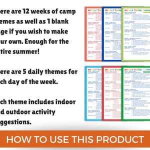 May include: A colorful product guide with text describing 12 weeks of camp themes, 5 daily themes, and indoor/outdoor activity suggestions. The guide includes several pages with different color borders and the text "Weekly Theme". The bottom of the image reads "How to use this product".