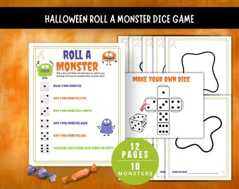Könnte beinhalten: Ein Halloween-Würfelspiel mit dem Titel "ROLL A MONSTER". Das Spiel enthält Anweisungen, Würfelvorlagen und Monsterumrisse. Das Bild zeigt einen grünen Kreis mit dem Text "12 PAGES 10 MONSTERS".
