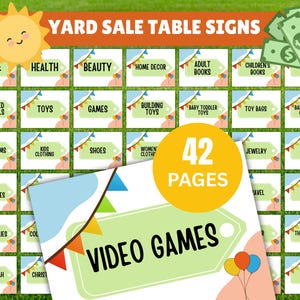 May include: A collection of yard sale table signs with various categories, including "Video Games," "Toys," and "Baby Items." The signs are on a green background, with a sun graphic and the text "42 PAGES."