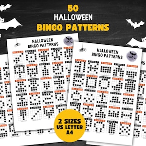 May include: Halloween bingo patterns with a black background and white bat silhouettes. The image features multiple bingo cards with various patterns, and the text "50 Halloween Bingo Patterns". The cards are labeled with Halloween-themed words.