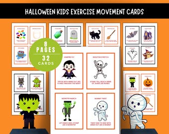 Juegos de Halloween, Juegos de Halloween para niños imprimibles, Educación física, Tarjetas de ejercicios para niños, Tarjetas de movimiento, Recursos para la educación en casa y actividades.