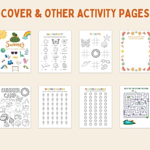 May include: A printable set of summer camp activity pages, including a cover page with the text "Summer Camp" and a rainbow, a "Can You Find It?" page with a list of items to find, a tic-tac-toe page with summer-themed symbols, a "Draw a Favourite Thing You Did This Summer" page with a watermelon border, a "Summer Camp" page with a list of summer activities, a "Reading Challenge" page with a grid of ice cream cones, a "50 Hours Challenge" page with a grid of circles, and a "Help the Turtle Find the Pond" maze.