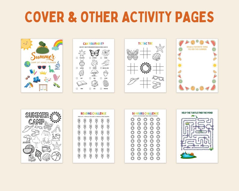 May include: A printable set of summer camp activity pages, including a cover page with the text "Summer Camp" and a rainbow, a "Can You Find It?" page with a list of items to find, a tic-tac-toe page with summer-themed symbols, a "Draw a Favourite Thing You Did This Summer" page with a watermelon border, a "Summer Camp" page with a list of summer activities, a "Reading Challenge" page with a grid of ice cream cones, a "50 Hours Challenge" page with a grid of circles, and a "Help the Turtle Find the Pond" maze.