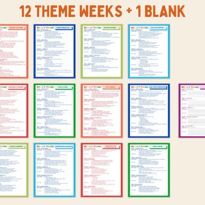 May include: A collection of 12 colorful weekly theme planning sheets, each with a different border color, and one blank sheet. The text "12 THEME WEEKS + 1 BLANK" is at the top. The sheets are arranged on a light beige background.