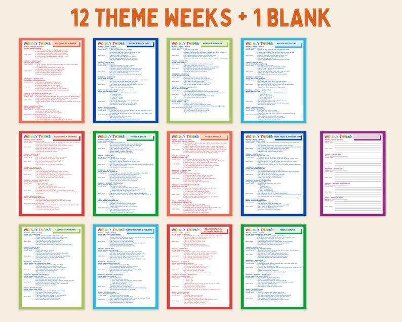 May include: A collection of 12 colorful weekly theme planning sheets, each with a different border color, and one blank sheet. The text "12 THEME WEEKS + 1 BLANK" is at the top. The sheets are arranged on a light beige background.