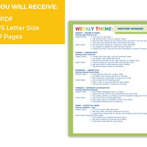 May include: A printable PDF document with a yellow and green border. The document includes a weekly theme of "Weather Wonders" with activity ideas for children. The document is US Letter size and contains 17 pages.