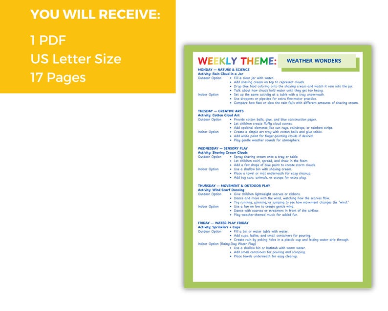 May include: A printable PDF document with a yellow and green border. The document includes a weekly theme of "Weather Wonders" with activity ideas for children. The document is US Letter size and contains 17 pages.