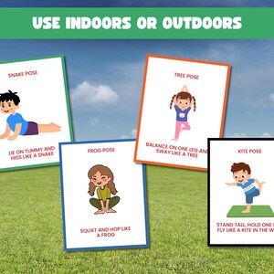 May include: Four illustrated yoga pose cards: Snake, Frog, Tree, and Kite. Each card features a child demonstrating the pose with instructions. The cards are set against a green grass background with a blue sky and the text "USE INDOORS OR OUTDOORS".