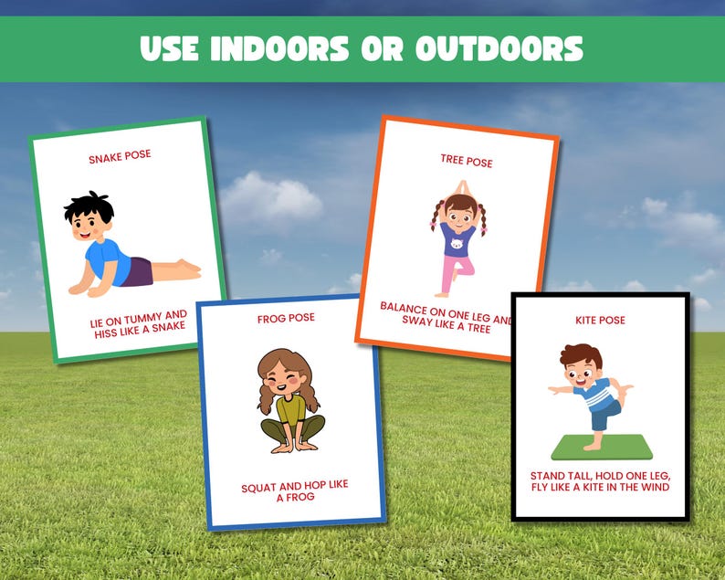 May include: Four illustrated yoga pose cards: Snake, Frog, Tree, and Kite. Each card features a child demonstrating the pose with instructions. The cards are set against a green grass background with a blue sky and the text "USE INDOORS OR OUTDOORS".