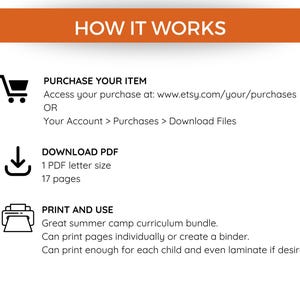 May include: An orange banner with the text "HOW IT WORKS" at the top. Below, instructions detail how to purchase, download a PDF (17 pages, letter size), and print a summer camp curriculum bundle. Includes icons for a shopping cart, a download arrow, and a printer.