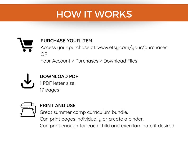 May include: An orange banner with the text "HOW IT WORKS" at the top. Below, instructions detail how to purchase, download a PDF (17 pages, letter size), and print a summer camp curriculum bundle. Includes icons for a shopping cart, a download arrow, and a printer.