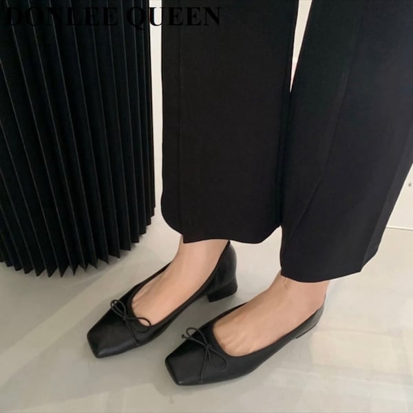 Black Square Toe Heeled Flats with Ribbon - Faux Leather, Trendy Elegant Women's Fashion Shoes