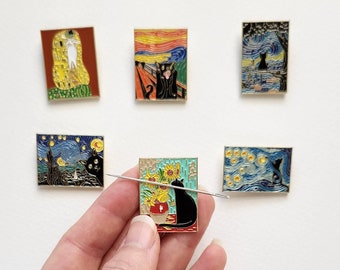 Famous painting needle minders with cats for embroidery and cross stitch | Starry Night Van Gogh, The Kiss by Klimt, The Scream by E. Munch