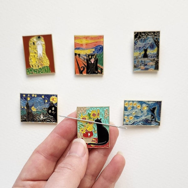 Famous painting needle minders with cats for embroidery and cross stitch | Starry Night Van Gogh, The Kiss by Klimt, The Scream by E. Munch