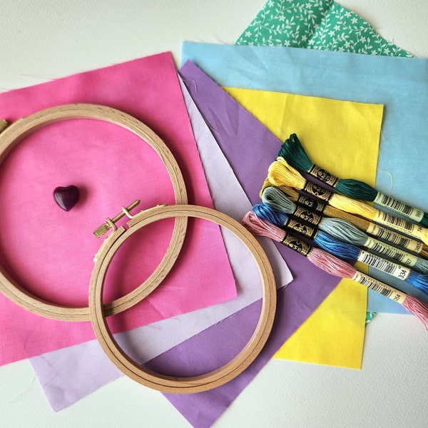 Candy Colors Easter Embroidery Supplies: Fabric and thread bundle with 2 beechwood hoops and a matching needle minder