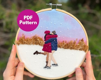 Love on the Snow Couples portrait Embroidery pdf with video tutorial | Anniversary diy gift | Cotton Anniversary  | Winter Embroidery