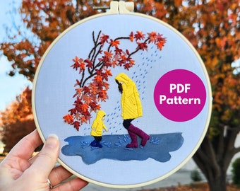 Playing in the Rain Hand Embroidery Pattern for toddler Moms with video tutorials, Instant Download