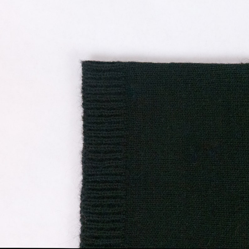 May include: Close-up of the edge of a black knitted scarf. The knit is a fine gauge and the fabric is soft.