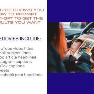 May include: A guide on how to use ChatGPT to generate content for social media, including YouTube video titles, email subject lines, blog article headlines, Instagram captions, TikTok captions, tweets, and Facebook post headlines.