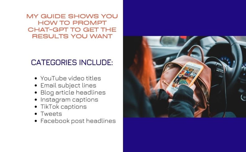 May include: A guide on how to use ChatGPT to generate content for social media, including YouTube video titles, email subject lines, blog article headlines, Instagram captions, TikTok captions, tweets, and Facebook post headlines.