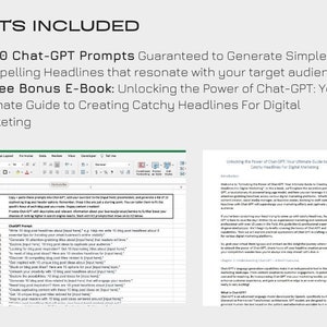 May include: A screenshot of a computer screen showing a spreadsheet with the text "1. 3000 Chat-GPT Prompts" and "2. A Free Bonus E-Book: Unlocking the Power of Chat-GPT: Your Ultimate Guide to Creating Catchy Headlines For Digital Marketing". The spreadsheet contains a list of blog post headlines.