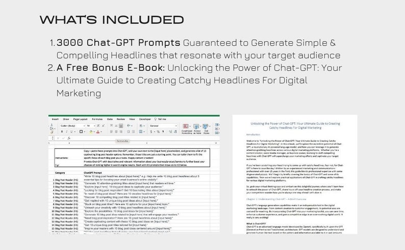 May include: A screenshot of a computer screen showing a spreadsheet with the text "1. 3000 Chat-GPT Prompts" and "2. A Free Bonus E-Book: Unlocking the Power of Chat-GPT: Your Ultimate Guide to Creating Catchy Headlines For Digital Marketing". The spreadsheet contains a list of blog post headlines.