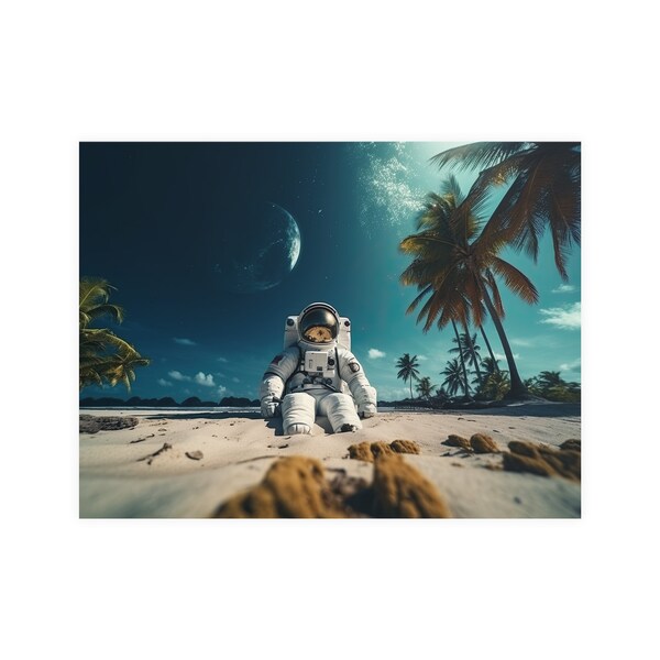 Astronaut's Beach Day, sonnig, Strand, Empty space, Palmen, Sand, surreal, strange, cinematic, playful, Hawaii, tropisch