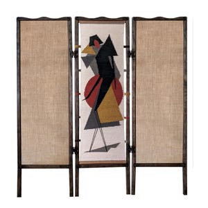 Art Deco style woven tapestry as wood folding screen, room divider