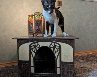 A&D Art Nouveau style pethouse, wooden cat houses, cat house indoor