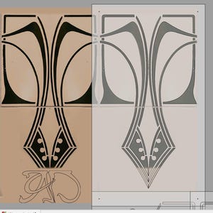 May include: A black and white stencil design of an abstract floral pattern. The design is symmetrical and features a series of curved lines and circles.