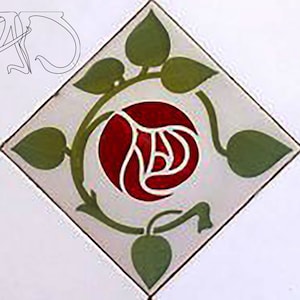May include: A white tile with a red rose and green leaves in a diamond pattern. The rose is stylized and has a white outline.