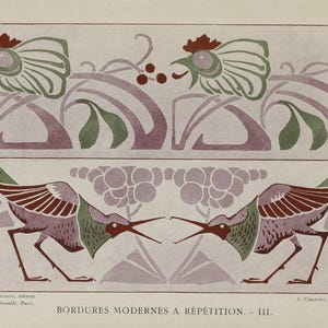 May include: A decorative border design featuring stylized birds and floral motifs. The birds are depicted in shades of purple, green, and red, while the flowers are in shades of green and purple. The design is repeated along the border, creating a symmetrical pattern.