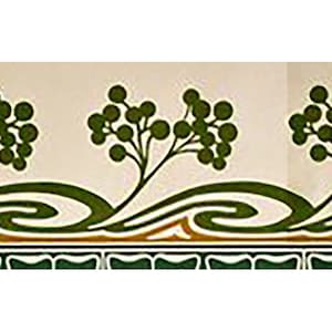 May include: A decorative tile border with a repeating pattern of green stylized leaves and swirls on a cream background. The border has a green, orange, and white stripe.