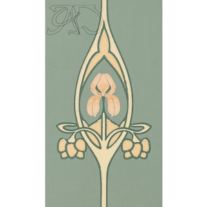 Puede incluir: Ilustración de estilo Art Nouveau con un diseño floral central. Una flor de iris en tonos melocotón y crema sobre un fondo verde azulado apagado. El diseño incluye hojas estilizadas y un tallo decorativo, con las iniciales "AD" en la esquina superior izquierda.
