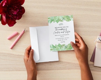 Tropical Wedding Invitation Template | Editable Canva Invite | Green Leaves Design | Instant Download