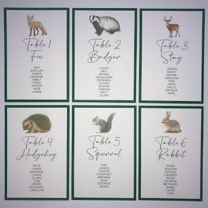 Plano de asientos con animales del bosque, tarjetas con planos de mesa de fauna británica, letreros de mesa para bodas en el bosque, naturaleza campestre, boda rústica
