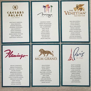 Planimetria dei posti a sedere di Las Vegas, cartelli per tavoli a tema casinò, planimetrie dei tavoli per matrimoni negli hotel di Las Vegas