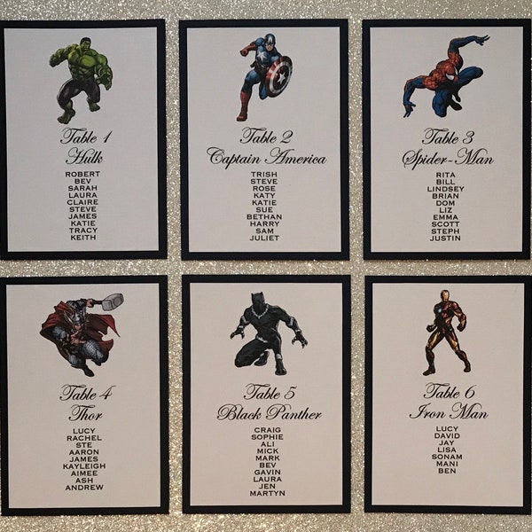 Superhero Wedding Table Plan Cards, Personalised Marvel or DC Comic Seating Chart Signs, Any Superheroes